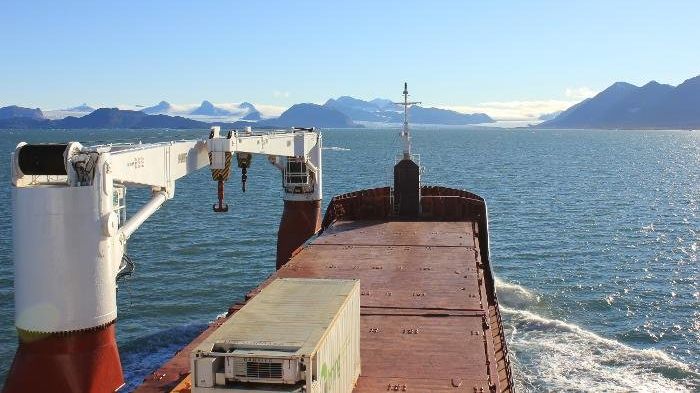 The cargo ship MS Norbjørn operates on the world's northernmost cargo route between Tromsø and Longyearbyen on Spitsbergen in the Svalbard archipelago. The ship calls at Ny-Ålesund on half of its crossings from Tromsø. (Photo: Marit Norli, NIVA)