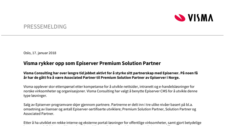 Visma rykker opp som Episerver Premium Solution Partner