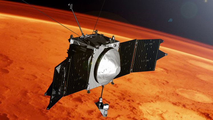 Rymdfarkosten MAVEN har cirkulerat runt planeten Mars i snart tio år. Illustration: NASA/GSFC