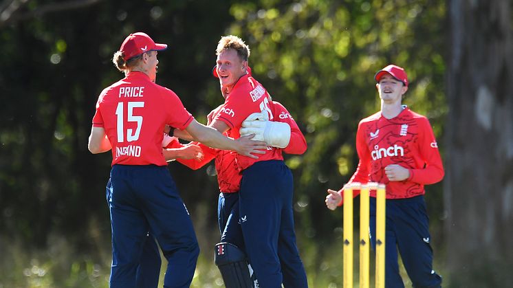 George Greenway of England celebrates with team mates after dismissing David Melling of Australia during the International Cricket Inclusion Series Deaf match between Australia and England at Northern Suburbs District Cricket Club (Getty Images)