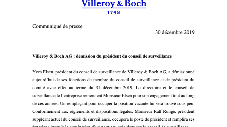 Villeroy & Boch AG : démission du président du conseil de surveillance  