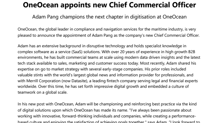 OneOcean appoints new Chief Commercial Officer