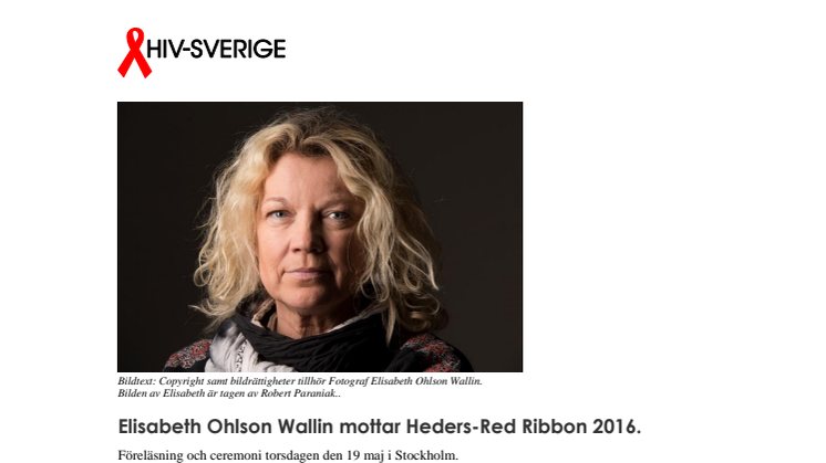 Elisabeth Ohlson Wallin mottar Heders-Red Ribbon 2016.