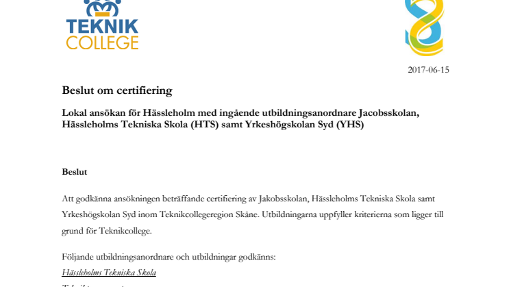 Beslut om certifiering för Hässleholm