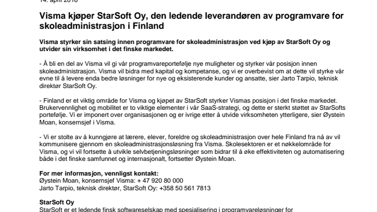 ​Visma kjøper StarSoft Oy, den ledende leverandøren av programvare for skoleadministrasjon i Finland