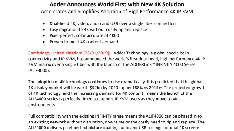 Adder Announces World First with New 4K Solution