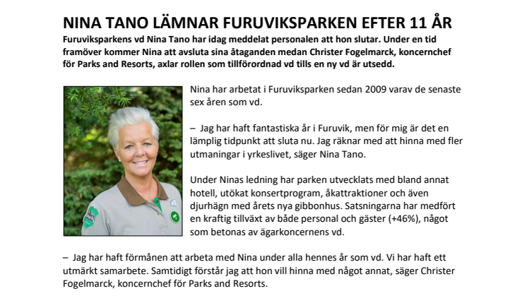 Nina Tano lämnar Furuviksparken efter 11 år