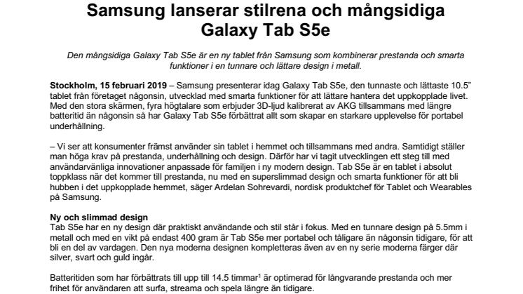 Samsung lanserar stilrena och mångsidiga Galaxy Tab S5e