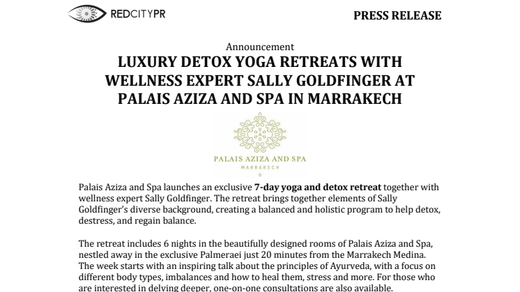 LUXURY DETOX YOGA RETREATS WITH WELLNESS EXPERT SALLY GOLDFINGER AT PALAIS AZIZA AND SPA IN MARRAKECH