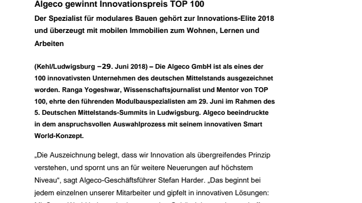 Algeco gewinnt Innovationspreis TOP 100