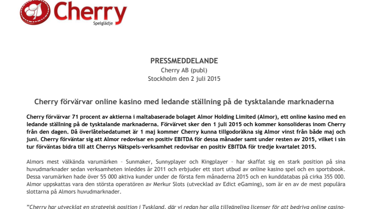 Cherry förvärvar online kasino med ledande ställning på de tysktalande marknaderna