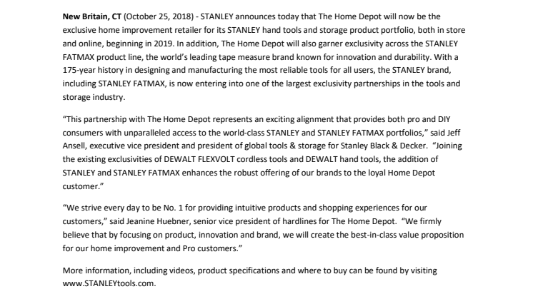 STANLEY Announces Exclusive Partnership with The Home Depot