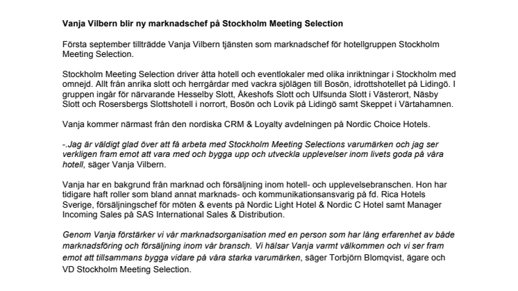 Vanja Vilbern blir ny marknadschef på Stockholm Meeting Selection