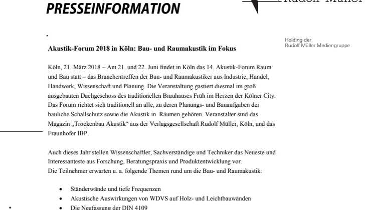 Akustik-Forum 2018 in Köln: Bau- und Raumakustik im Fokus