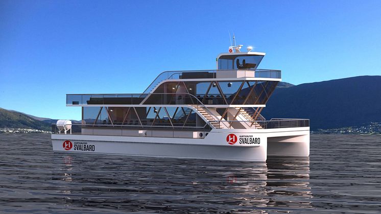 BATTERY POWERED: This is the first rendering showing Hurtigruten and Brim Explorer's groundbreaking electric explorer catamaran MS Bard. From 2020 she will operate eco-friendly short voyages on Svalbard. Photo: HURTIGRUTEN