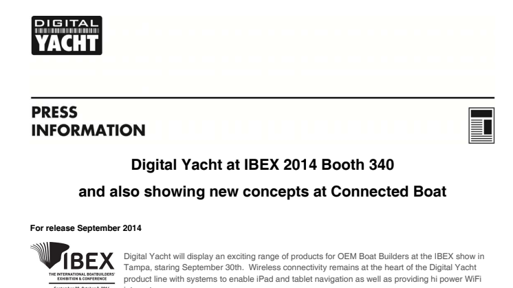 Digital Yacht at IBEX Booth 340 and in Connected Boat Showcase