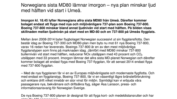 Norwegians sista MD80 lämnar imorgon – nya plan minskar ljud med hälften vid start i Umeå