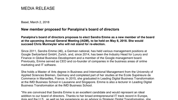 New member proposed for Panalpina’s board of directors