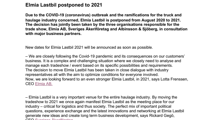 Elmia Lastbil postponed to 2021