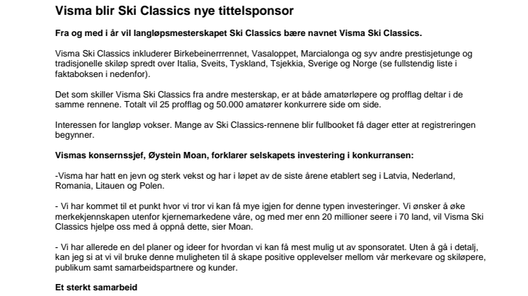 Visma blir Ski Classics nye tittelsponsor 