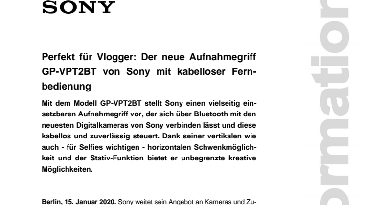 Perfekt für Vlogger: Der neue Aufnahmegriff GP-VPT2BT von Sony mit kabelloser Fernbedienung