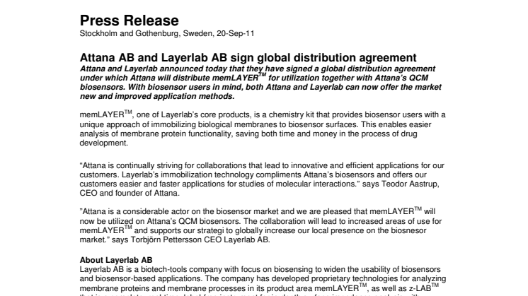 Attana AB and Layerlab AB sign global distribution agreement 