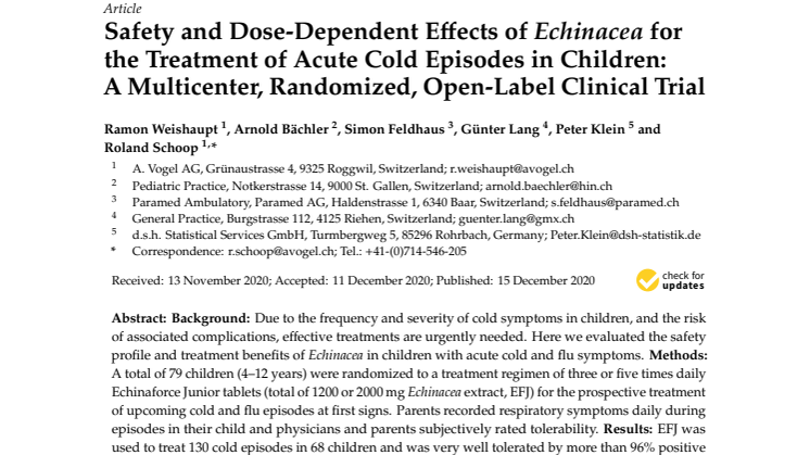 Safety and Dose-Dependent Effects of Echinacea for the Treatment of Acute Cold Episodes in Children: A Multicenter, Randomized, Open-Label Clinical Trial