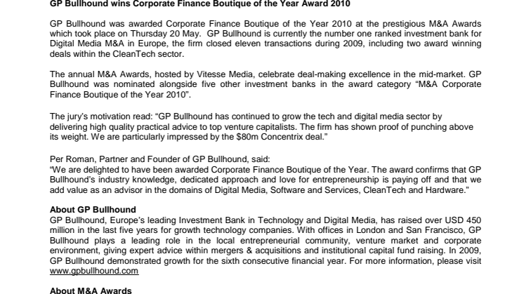 GP Bullhound wins Corporate Finance Boutique of the Year Award 2010