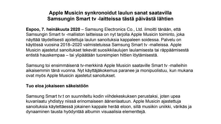 Apple Musicin synkronoidut laulun sanat saatavilla  Samsungin Smart tv -laitteissa tästä päivästä lähtien