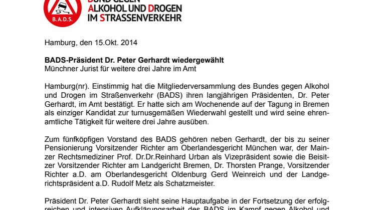 BADS-Präsident Dr. Peter Gerhardt wiedergewählt