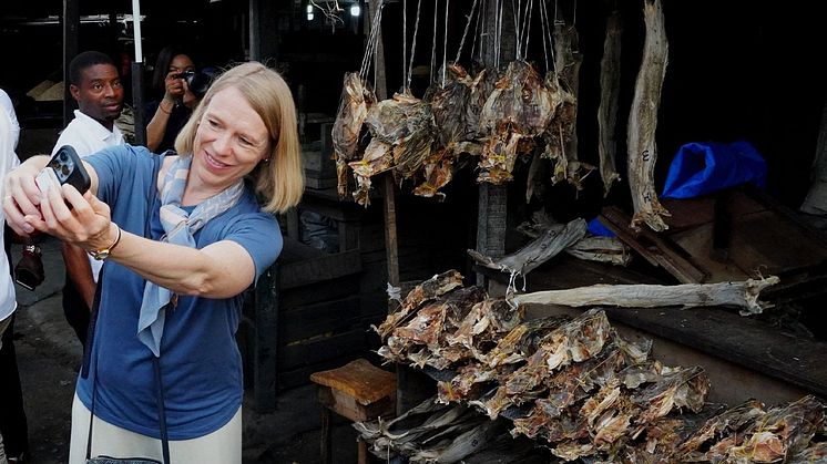 Utenriksminister selfie:  Anniken Huitfeldt tar selfie under besøket til et av tørrfiskmarkedene i Lagos i Nigeria