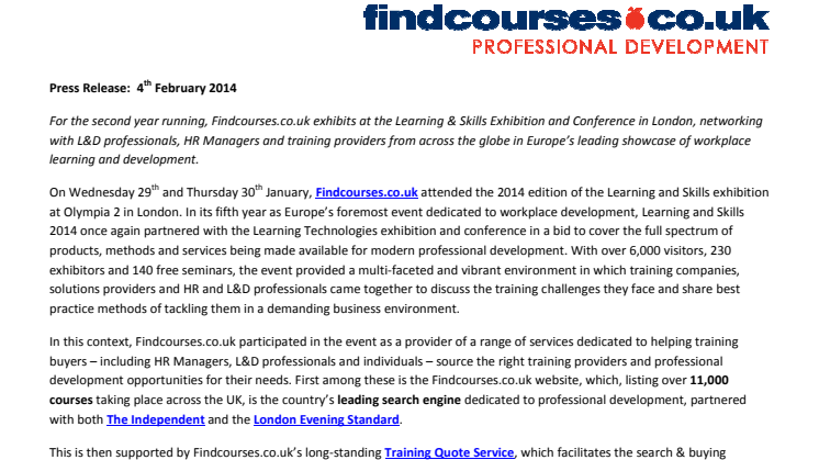 Findcourses.co.uk exhibits at Learning & Skills 2014