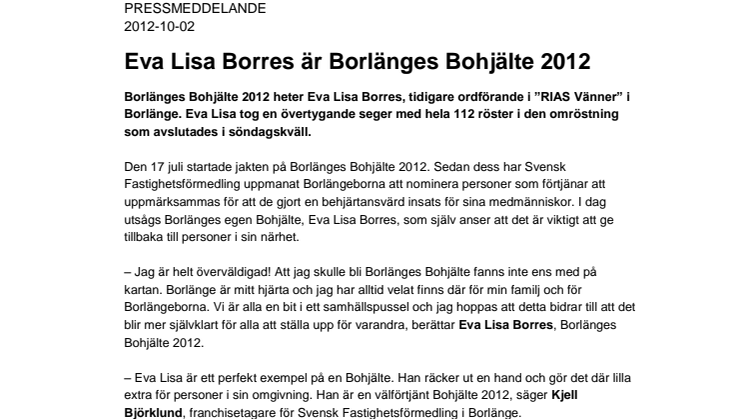 Eva Lisa Borres är Borlänges Bohjälte 2012 