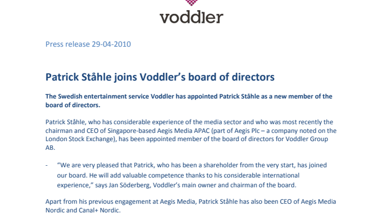 Patrick Ståhle joins Voddler’s board of directors