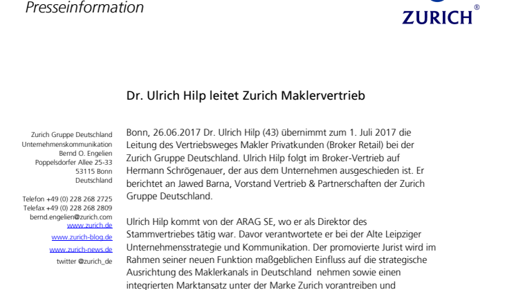 Dr. Ulrich Hilp leitet Zurich Maklervertrieb