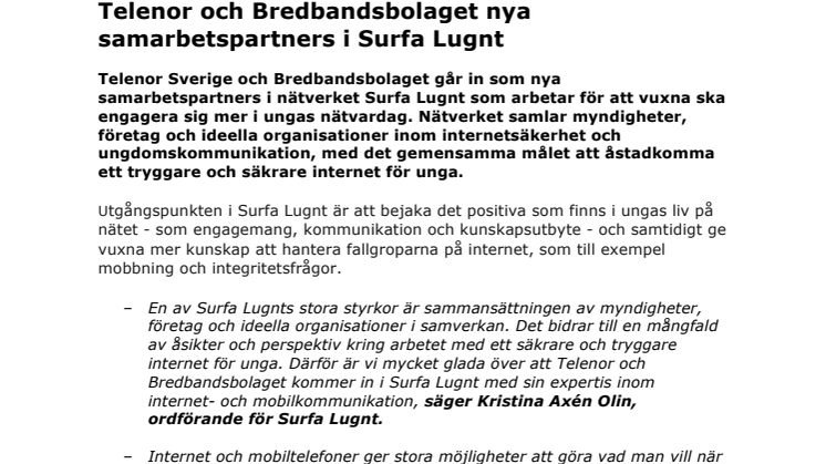 Telenor och Bredbandsbolaget nya samarbetspartners i Surfa Lugnt