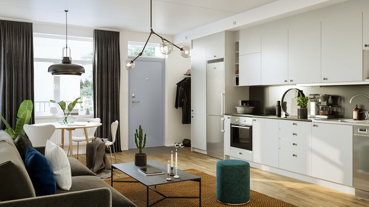 Idéskiss över kök och vardagsrum i de första lägenheterna för uthyrning i Umami Park, Hallonbergen, Sundbyberg.