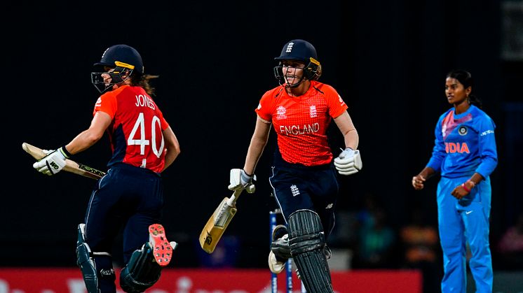 Amy Jones and Nat Sciver during England's win over India in the ICC Women's World T20.