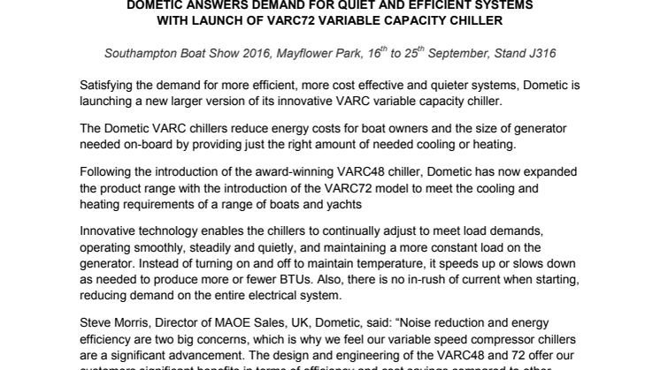 Dometic Answers Demand for Quiet and Efficient Systems with Launch of VARC72 Variable Capacity Chiller