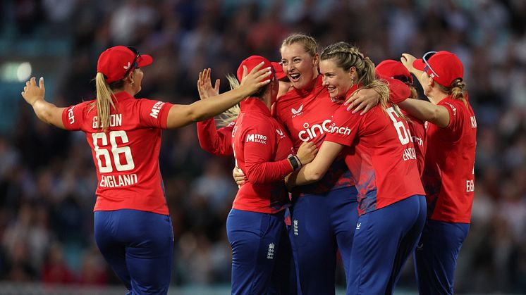 England Women celebrate a wicket in front of over 20,000 fans at The Kia Oval. Photo: Getty Images