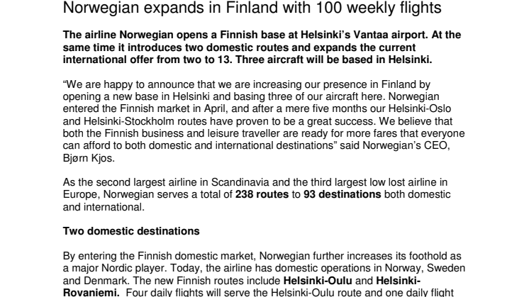 Norwegian expands in Finland with 100 weekly flights