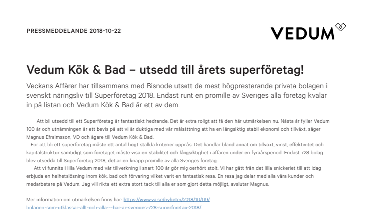 Vedum Kök & Bad – utsedd till årets superföretag!