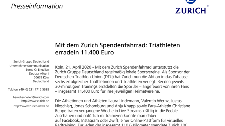 Mit dem Zurich Spendenfahrrad: Triathleten erradeln 11.400 Euro