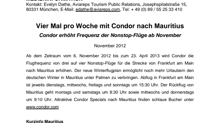 Vier Mal pro Woche mit Condor nach Mauritius