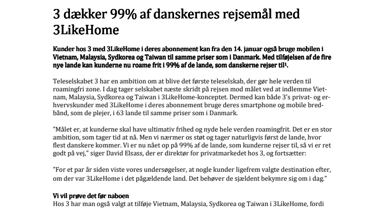 3 dækker 99% af danskernes rejsemål med 3LikeHome