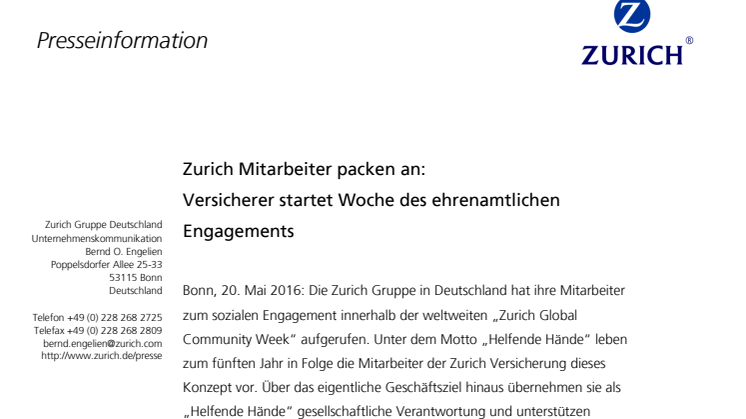 Zurich Mitarbeiter packen an: Versicherer startet Woche des ehrenamtlichen Engagements