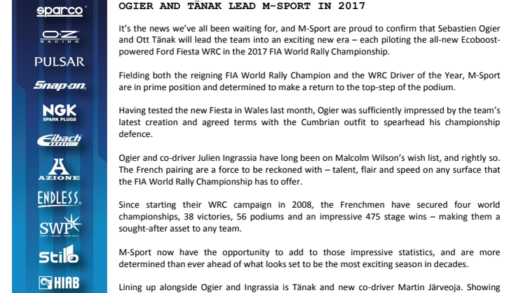 M-Sport introducerer Driver Line-Up til den nye 2017 Ford Fiesta WRC