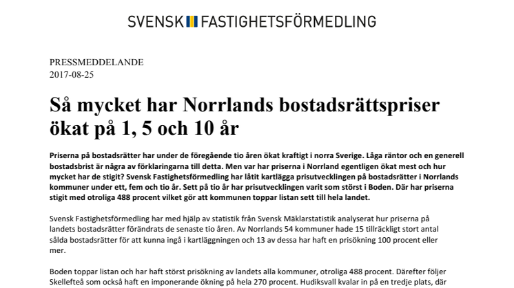 Så mycket har Norrlands bostadsrättspriser ökat på 1, 5 och 10 år 
