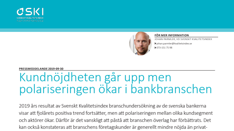 Svenskt Kvalitetsindex om bankbranschen 2019