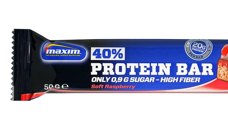 Maxim 40% Protein Bar -urheiluravinnepatukat sisältävät runsaasti proteiinia mutta vain vähän sokeria